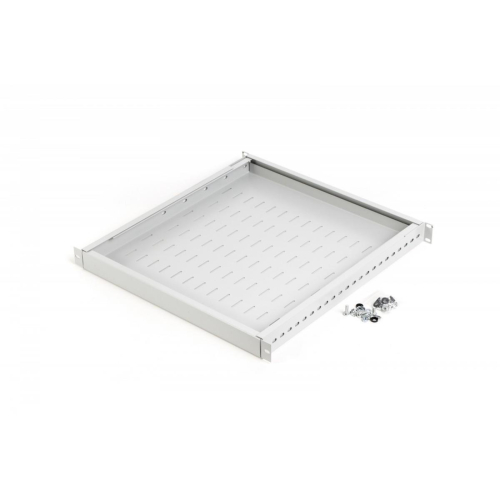 Półka do szaf regulowana 19 cali, 1U, gł. 500-900 mm, nośność 100kg, mocowanie w 4 punktach, szara, śruby w kompl