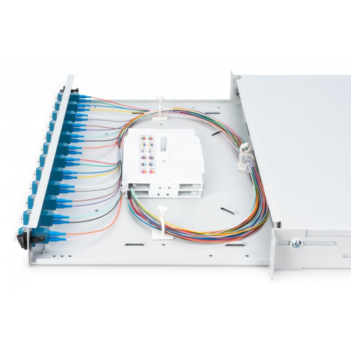 Przełącznica światłowodowa/panel krosowy z wyposażeniem 19 cali 1U, 12x LC duplex, OS2, zawiera pigtaile, adaptery,