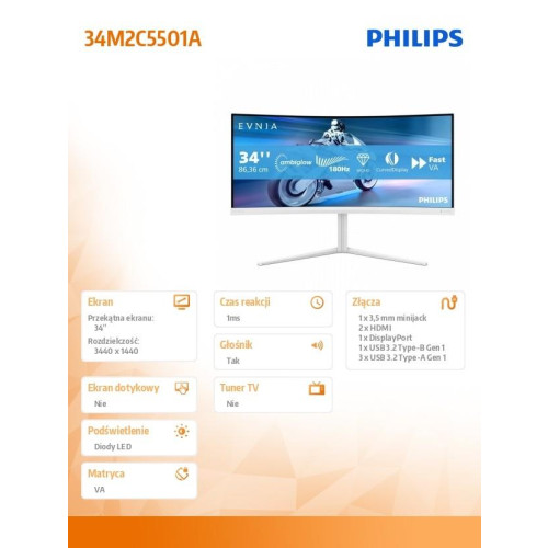 Monitor 34 cale 34M2C5501A Curved VA 180Hz HDMIx2 DP HAS Ambiglow-15928971