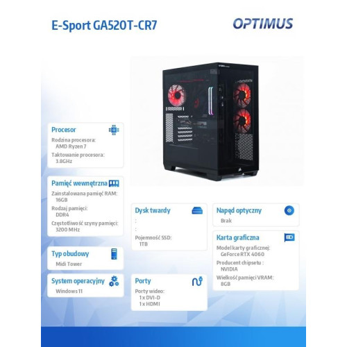 Komputer E-Sport GA550T-CR4 Ryzen 7 5800X/16GB/1TB/RTX 4060 EAGLE OC 8G/W-15931605