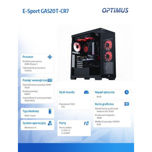 Komputer E-Sport GB550T-CR5 Ryzen 7 5800X/16GB/1TB/RX 7600 GAMING OC 8G/W-15931650