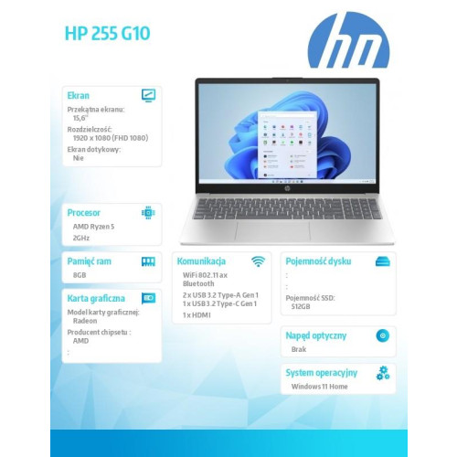 Notebook 255 G10 R5-7530U 512GB/8GB/15.6 cali/Win11Home B39RRAT-15933582