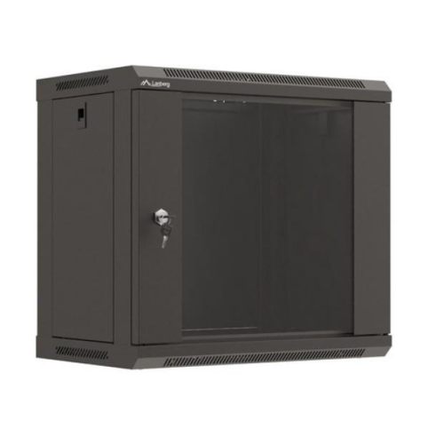 Szafa instalacyjna rack wisząca 19" 540x350 czarna drzwi przeszklone ( flat pack)