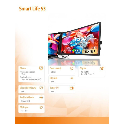 Przenośne monitory do laptopa Smart Life S3 15.4 '' 2 monitory, IPS,1920x1080-15984016