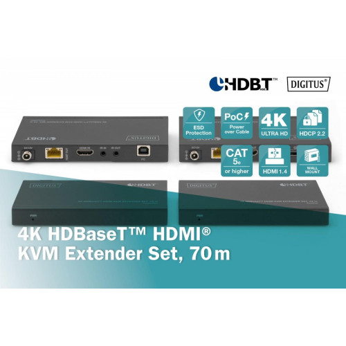 Przedłużacz/Extender KVM HDMI+USB HDBaseT 70m 4K30Hz HDCP 2.2 PoC (Power over Cable) audio IR zestaw-15984239