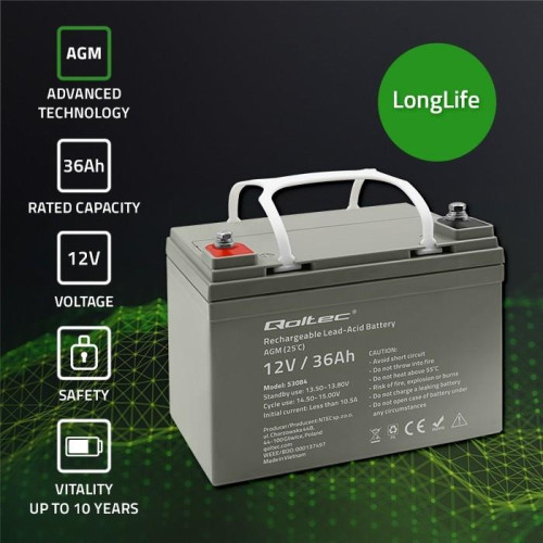 Qoltec Akumulator AGM | 12V | 36Ah | Bezobsługowy | Wydajny | LongLife | do UPS, skutera-16123876