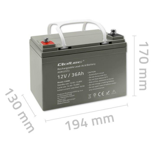 Qoltec Akumulator AGM | 12V | 36Ah | Bezobsługowy | Wydajny | LongLife | do UPS, skutera-16123880