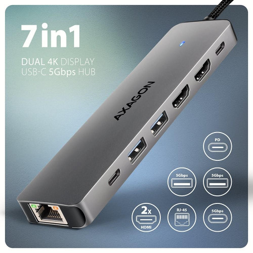 AXAGON HMC-7HX2 Hub USB, 2x USB-A, 1x USB-C, 2x HDMI 2.0, 1x RJ45, 100 W PD – srebrny-16326657
