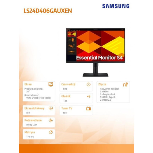 Monitor 24 cale S40GD IPS 1920x1080 FHD 16:9 2xHDMI 1xDP 2xUSB-A 2.0 1xUSB-B 5ms 100Hz HAS+PIV głośniki płaski 3YOn-S