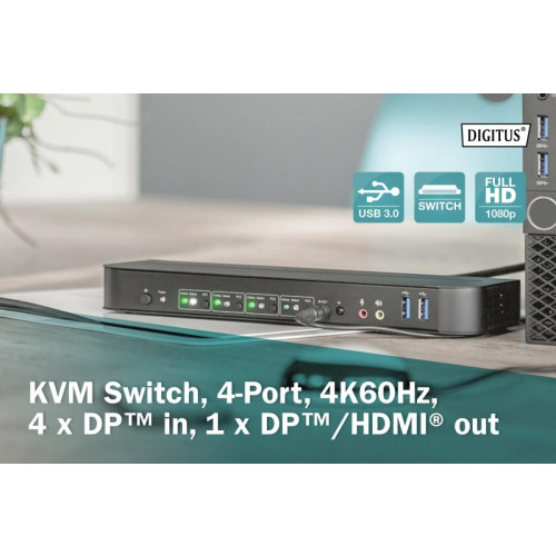 Przełącznik KVM, 4 portowy, 4K 60Hz, 4x DP IN, 1x DP OUT, 1x HDMI OUT, 2x USB A, 1x Audio IN&OUT-16392057
