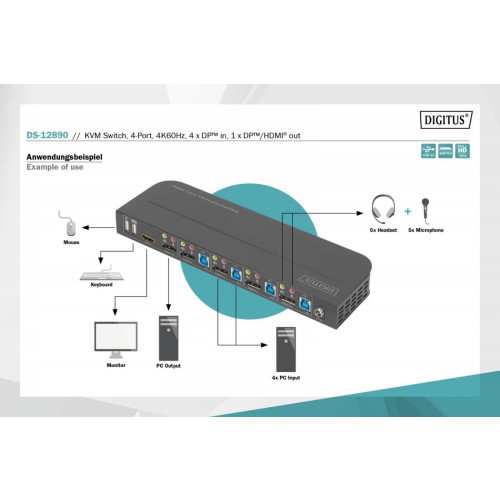 Przełącznik KVM, 4 portowy, 4K 60Hz, 4x DP IN, 1x DP OUT, 1x HDMI OUT, 2x USB A, 1x Audio IN&OUT-16392060