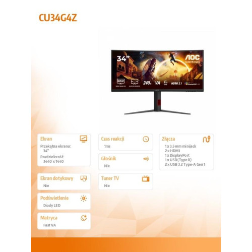 Monitor CU34G4Z 34 cale 240Hz Curved VA HDMIx2 DP HAS-16395148
