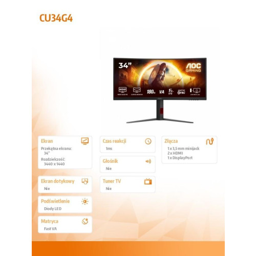 Monitor CU34G4 34 cale 180Hz Curved VA HDMIx2 DP HAS-16395162