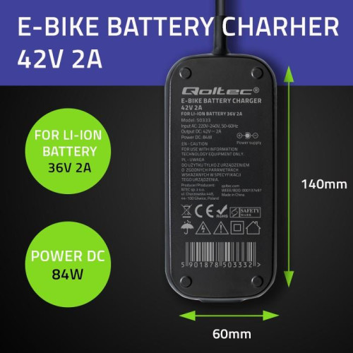 Ładowarka do roweru skutera elektrycznego 36V | 42V | 2A | 5.5*2.5 + wodoodporna + kabel zasilający-16395480
