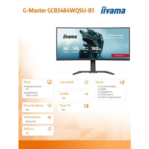 Monitor G-Master 34 cale GCB3484WQSU-B1,VA,UWQHD,180Hz,1500R, 21:9, 500cd/m2, 2x5W-16395683
