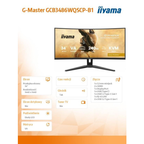 Monitor G-Master 34 cale GCB3486WQSCP-B1,VA,UWQHD,240HZ,1500R,500cd,21:9, USB-C dock 95W, RJ45, 2x5W-16395702