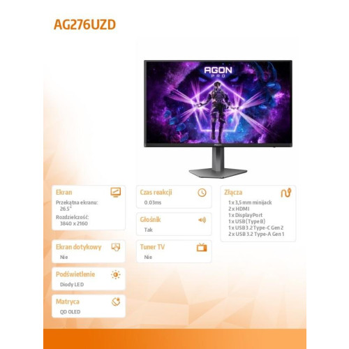Monitor 26.5 cala AG276UZD 4K QD-OLED 240Hz HDMIx2 DP USB-C Pivot-16395975