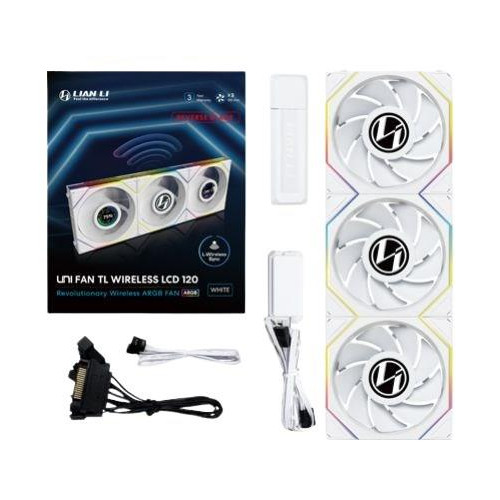 Wentylator Lian Li UNI FAN TL Wireless LCD Lüfter, ARGB, PWM, 3er-Pack inkl. Controller - Reverse Blade, 120 mm, weiß