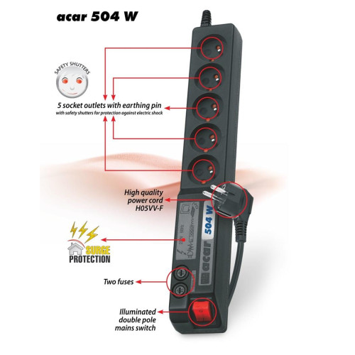 Listwa przeciwprzepięciowa Acar 504WF EMI/RFI (3m ; czarny z blachą)-16414626