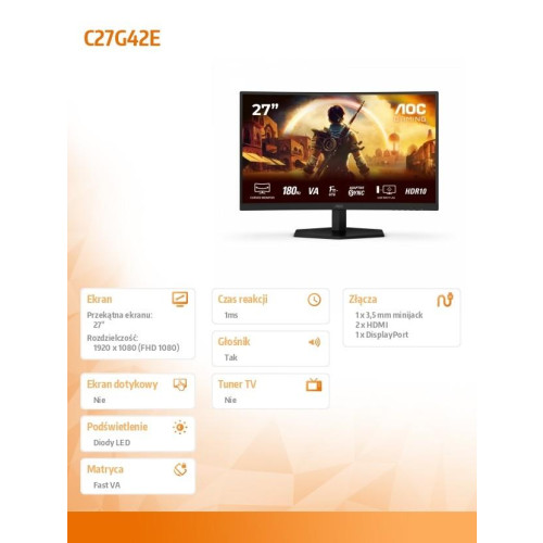 Monitor C27G42E 27 cali 180Hz Curved VA HDMIx2 DP-16483351