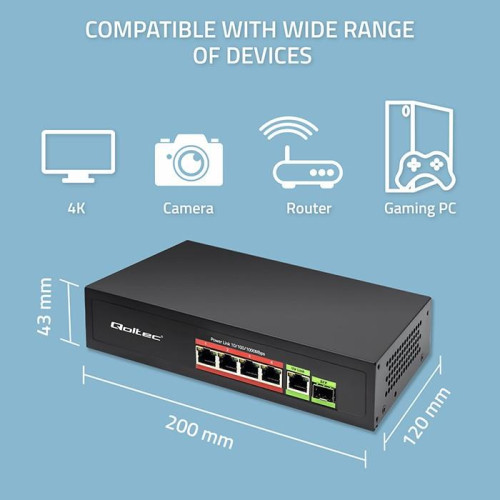 Przełącznik sieciowy SWITCH FAST ETHERNET PoE 4x RJ45 PoE 1x RJ45Uplink 1x SFP | 65W | 1000 Mb/s-16528123