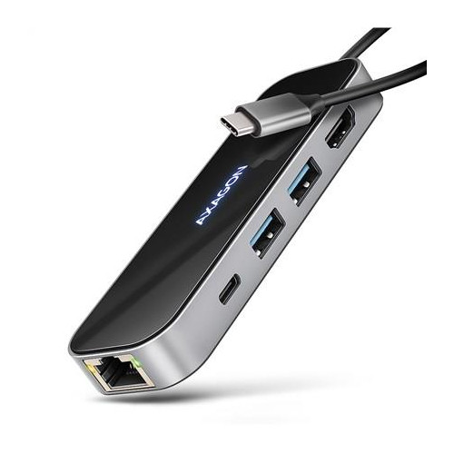 AXAGON HMC-6GLN Hub USB, 2x USB-A, 1x USB-C, 1x HDMI 2.0, 1x RJ45, 100 W PD – srebrny