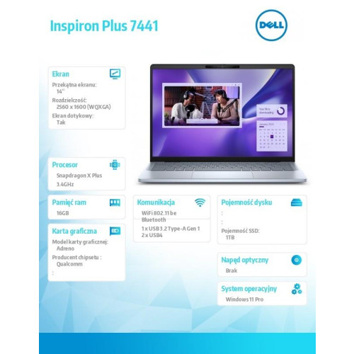 Notebook Inspiron Plus 7441 Win11Pro XELITE12C/16GB/1TB SSD Gen4/14.0 QHD+ Touch/Adreno GPU/FgrPr/Cam & Mic/WLAN + BT/Ba