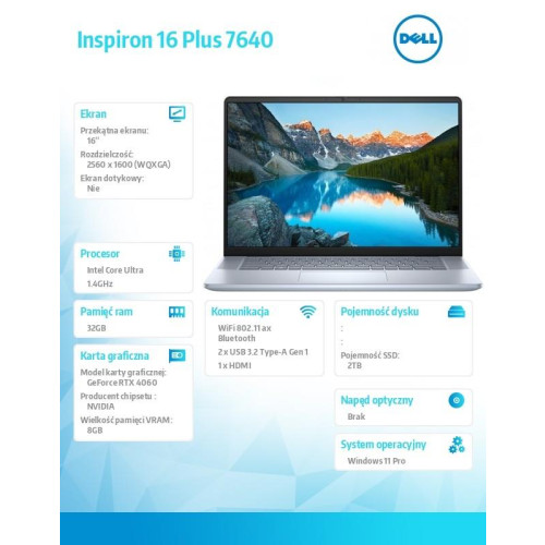 Notebook Inspiron Plus 7640 Win11Pro Ultra 7 155H/32GB/2TB SSD/16.0 2,5K 2560x1600/RTX 4060/FgrPr/FHD Cam/Mic /Backlit K
