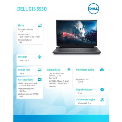 Notebook G15 5530 Win11Pro i5-13450HX/16GB/512GB SSD/15.6 FHD 165Hz/GeForce RTX 4050/Cam & Mic/WLAN + BT/Backlit Kb/6 Ce
