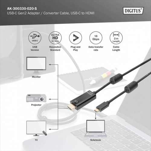 Kabel USB Type-C/HDMI M/M USB 3.1 Gen.2 SuperSpeed+ 4K/60Hz 18Gbps 2m czarny-16945670