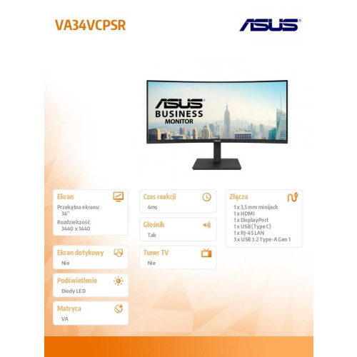 Monitor VA34VCPSR 34 cale WQHD USB-C RJ45 1500R 21:9-16945867