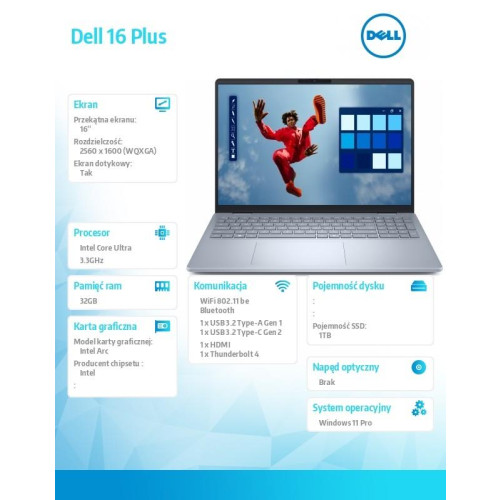 Notebook Dell 16 Plus DB16250 Win11Pro Ultra 9 288V/32GB/1TB/16.0 2.5K/Arc/FgrPr/WLAN + BT/Backlit Kb/4 Cell/3Y ProSuppo