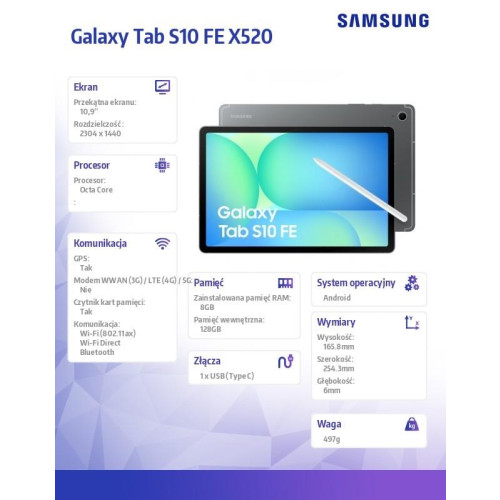 Tablet Galaxy Tab S10 FE X520 10.9 cala Wifi 8/128GB Szary-16946669