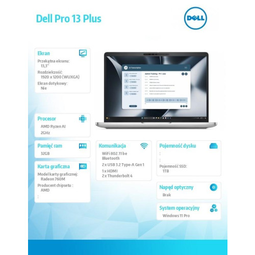 Laptop Dell Pro 13 Plus PB13255/Ryzen AI 5 PRO 340/32GB/1TB SSD Gen4/13.3 FHD+/Radeon 760M/FgrPr&SmtCd/FHD/IR Cam/Mic/WL