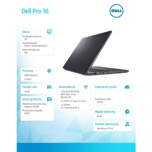 Laptop Dell Pro 16 PC16255/AMD Ryzen 5 220/16GB/512GB SSD/16.0 FHD+/Radeon 740M/FgrPr/FHD/IR Cam/Mic/WLAN + BT/Backlit K