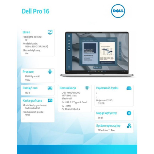 Laptop Dell Pro 16 PC16255/AMD Ryzen AI 5 PRO 340/16GB/512GB SSD/16.0 FHD+/Radeon 840M/FgrPr/FHD/IR Cam/Mic/WLAN+BT/Back