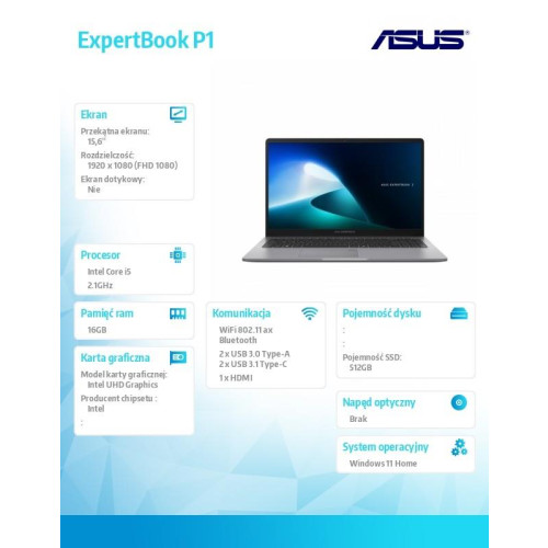 Notebook ExpertBook P1503CVA-S70860W i5-13420H/15.6 cali FHD/16GB/512GB/ Win 11 HOME/3YRS-16950056