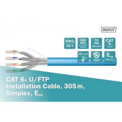 Kabel instalacyjny kat.6A, U/FTP, Eca, AWG 23/1, LSOH, 305m, karton, Niebieski-17120724