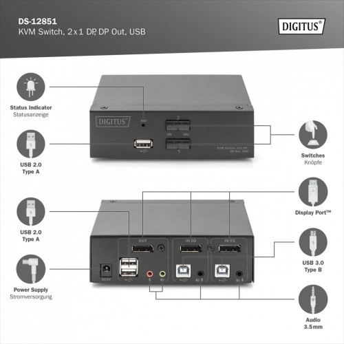 Przełącznik KVM, 2 portowy, 4K 60Hz, 2xDisplayPort IN, 1xDisplayPort OUT, 2xUSB, 2xAudio IN&OUT-17121649
