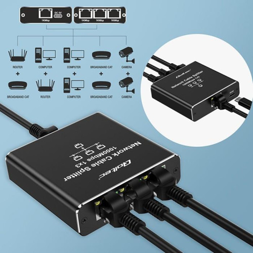 Rozdzielacz Splitter Ethernet mini SWITCH 1x3 RJ45 | 1000Mb/s | USB-C | Aluminium-17122060