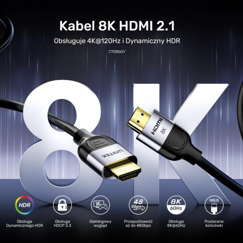 Kabel HDMI 2.1 8K 60Hz 1.5m; czarny; C11086GY01-1.5M-17122345