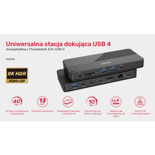 Stacja dokująca 12w1 USB-C, HDMI 2.1, USB 4, PD 100W; D1079A-17122641
