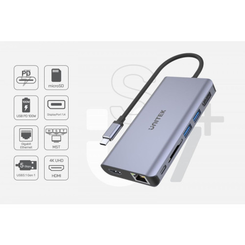HUB USB-C 2x USB 3.1, HDMI 2.0, DP 1.4, RJ45, SD, PD 100W; D1056A-17122653
