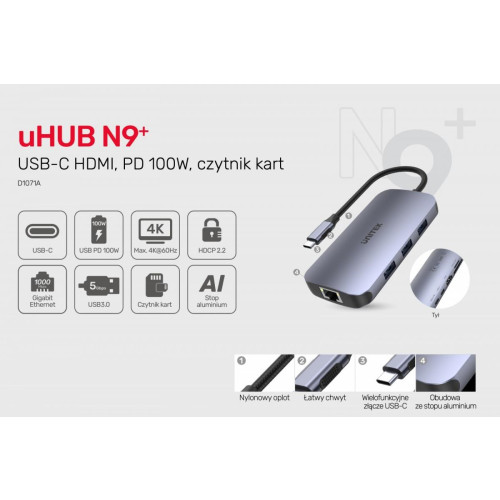 HUB USB-C 9w1, USB-C, HDMI 2.0, RJ45, PD 100W, czytnik SD; D1071A-17122655