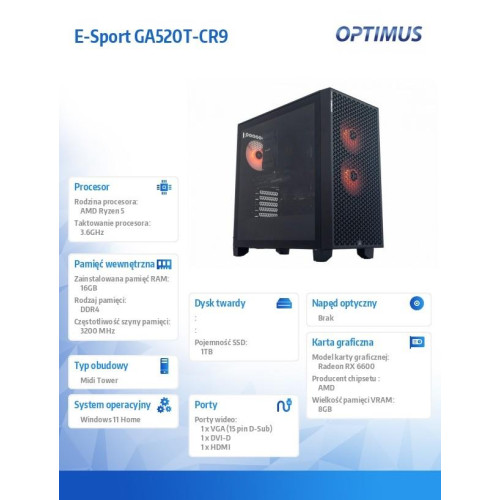 Komputer E-Sport GA520T-CR9 Ryzen 5 3600/16GB/1TB/RX 6600 8GB/W11H-17122784