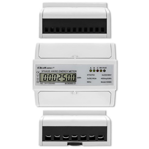 Trójfazowy dwukierunkowy elektroniczny licznik | miernik zużycia energii na szynę DIN | 400V | 100A | LCD | 4P-171234