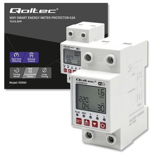 Przekaźnik 63A na szynę DIN z licznikiem energii elektrycznej | Timer | Tuya | Wi-Fi | LED 