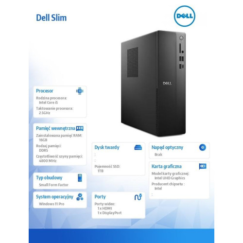 Komputer Dell Slim ECS1250 Win11Pro i5-14400/16GB/1TB/Intel UHD 730/WLAN + BT/Kb/Mouse/3YPS-17123552