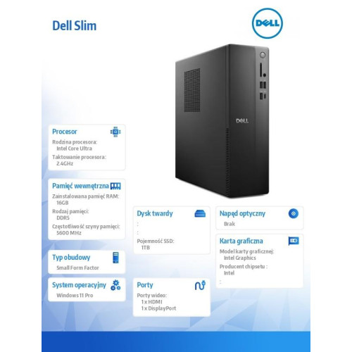 Komputer Dell Slim ECS1250 Win11Pro Ultra 7 265/16GB/1TB/Intel UHD/WLAN + BT/Kb/Mouse/3YPS-17123555