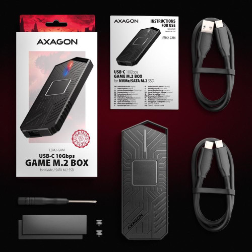 Obudowa SSD M.2 AXAGON EEM2-GAM, USB-C 10Gbps - NVMe & SATA SSD GAME M.2 box, bez skrótów-17136601